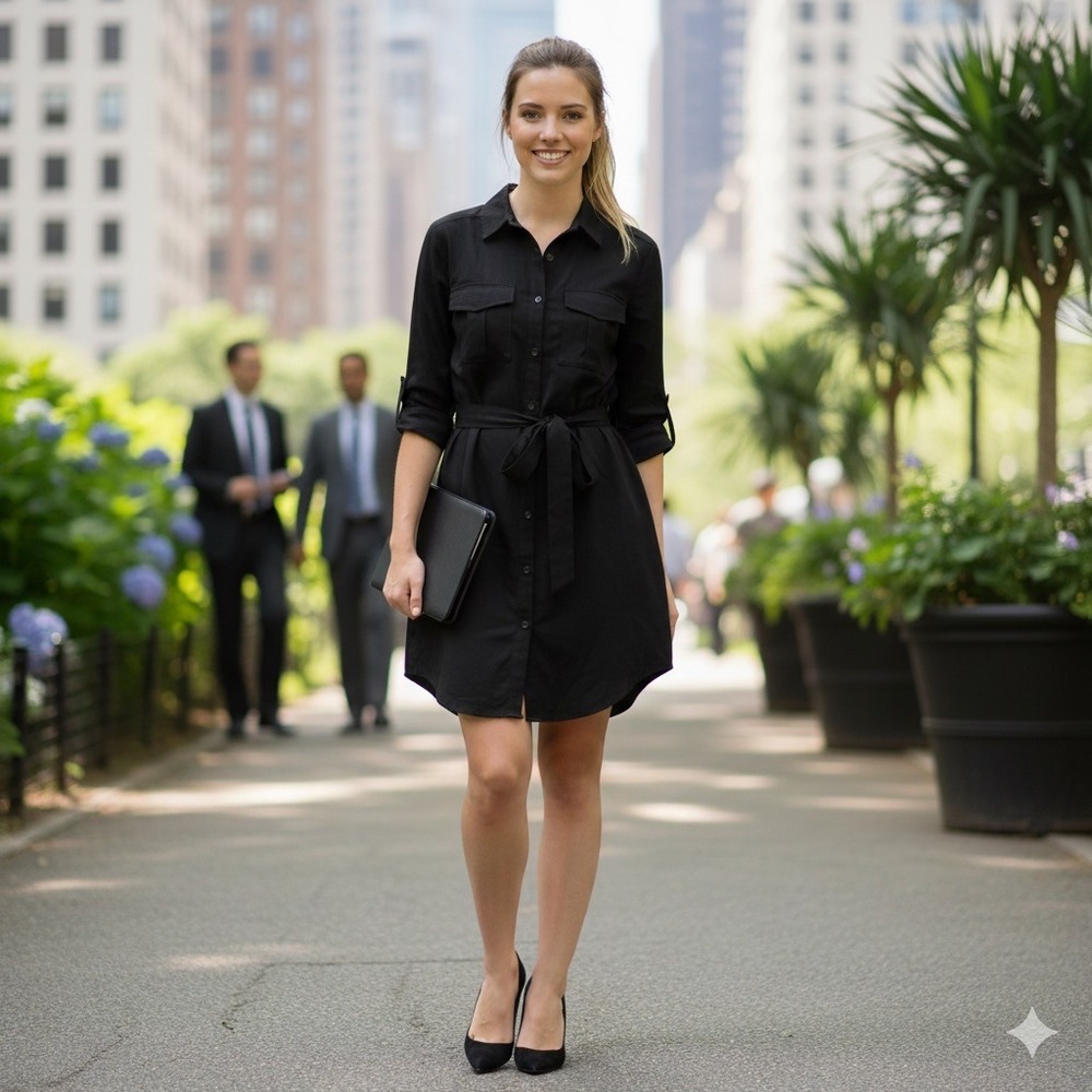 Diane Von Furstenberg Shirt Dress Women 4 Black Roll‎ Tab Sleeves Waist Tie DVF